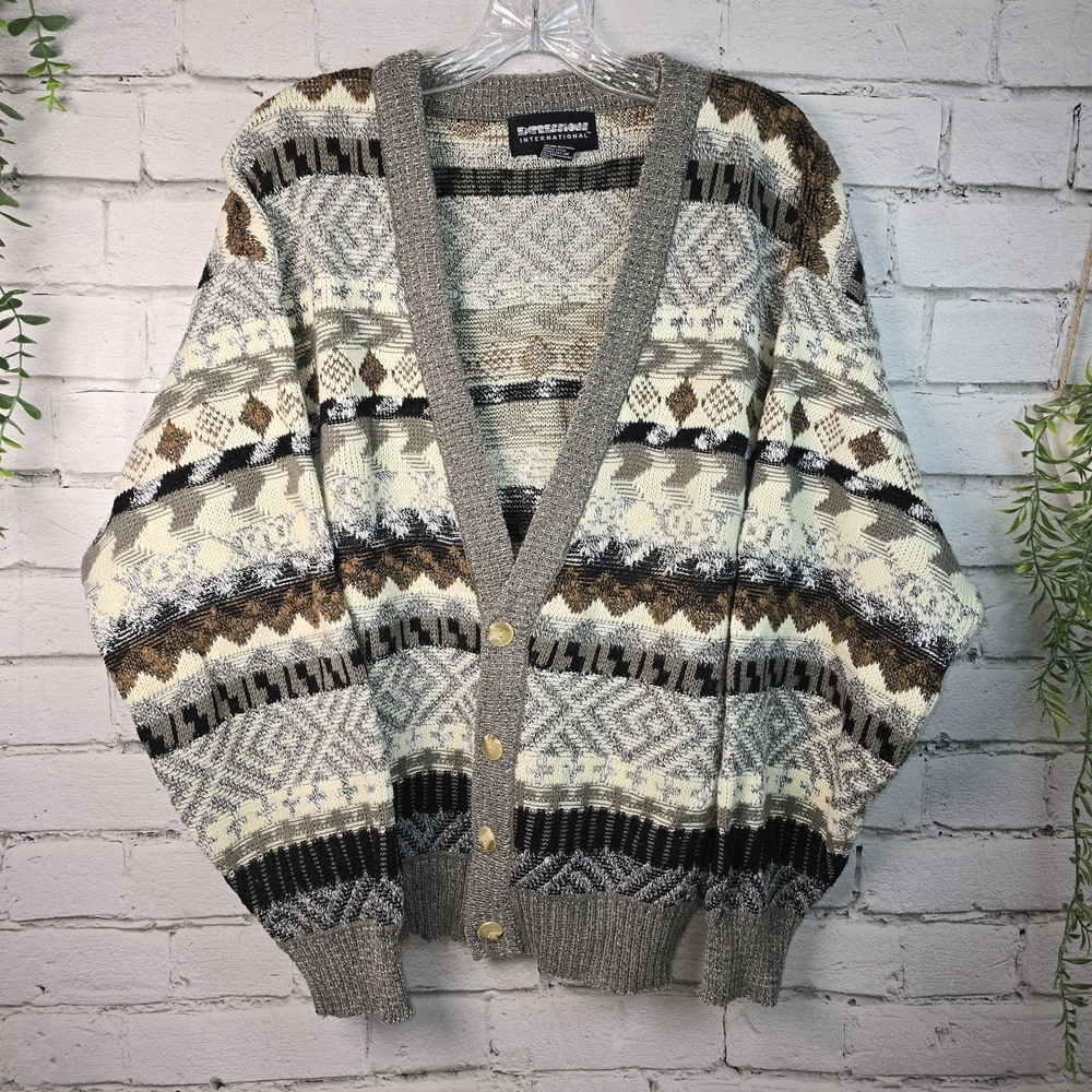 VINTAGE EXPRESSIONS INTERNATIONAL CARDIGAN SWEATER STRIPED GRANDPA MENS SIZE MED